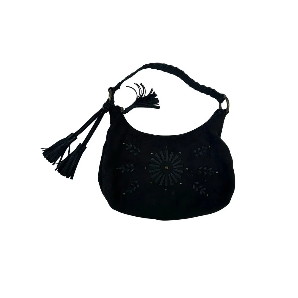 Tommy Hilfiger Y2K Black Suede Hobo Bag Tassel Studded Braided Strap Vintage